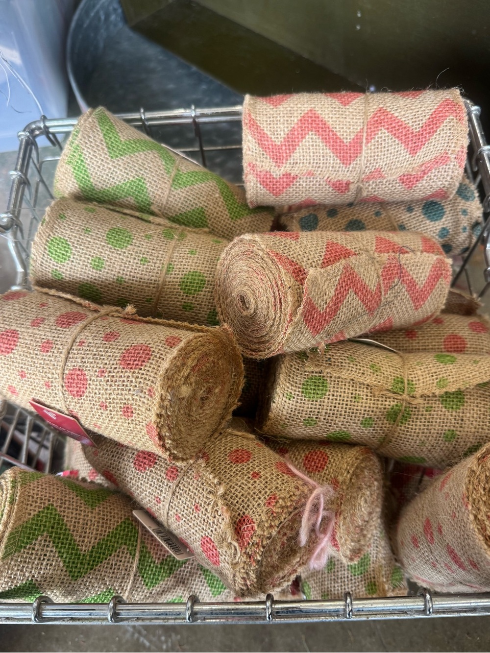 Natural Burlap Ribbon Rolls with Red blue and Green Print designs- set of 5